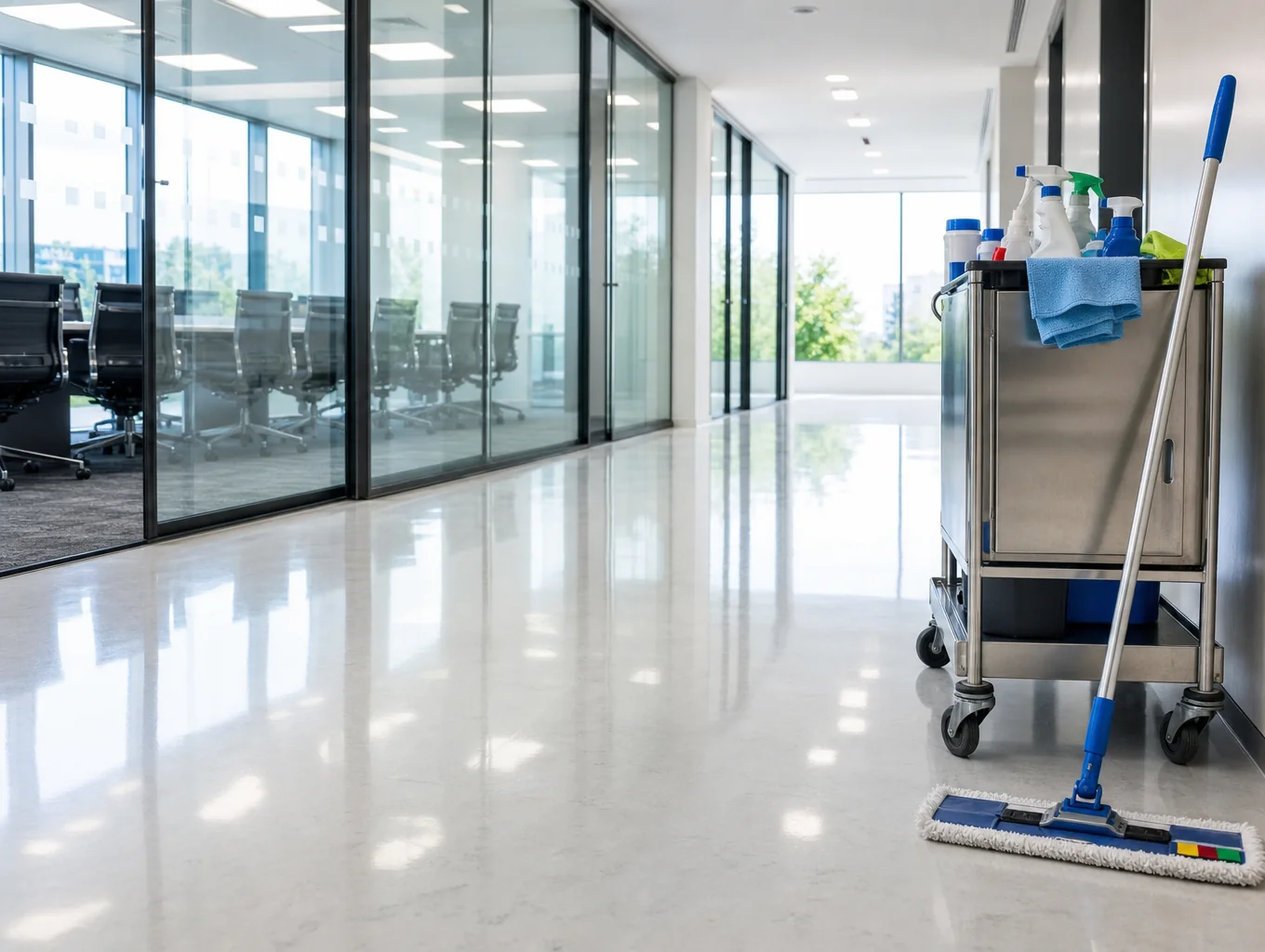 Professionell aufbereiteter Gewerbeboden mit gepflegtem Finish