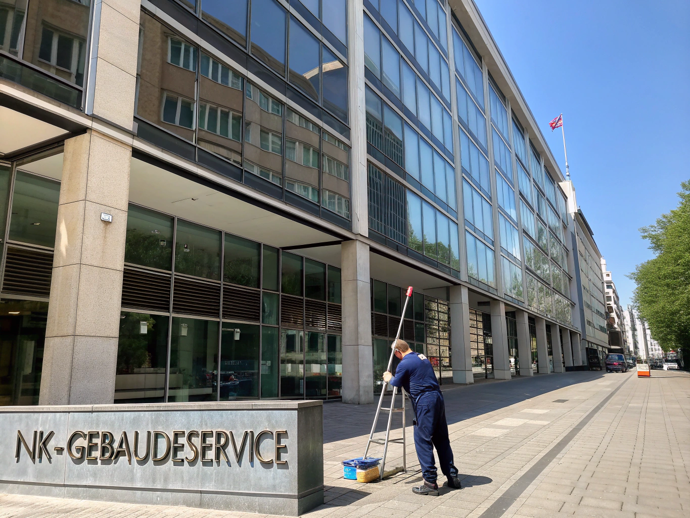Professionelle Fensterreinigung an einer modernen Glasfassade in München